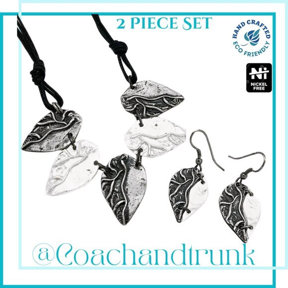 Artisan Hypoallergenic SET Aspen Leaf 2 Tone Pewter Leather Necklace & Earrings - Picture 1 of 6